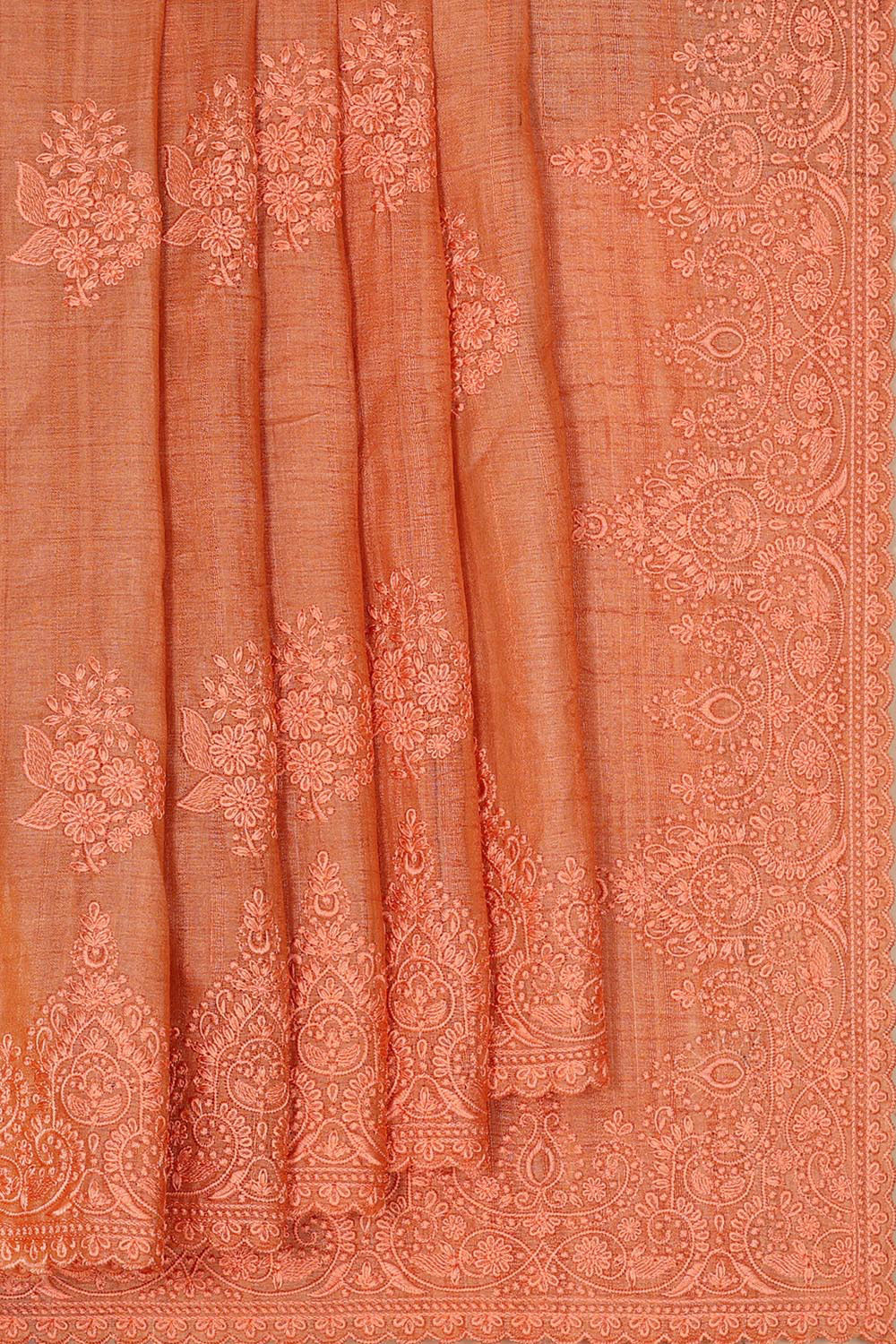 Image of Tussar Jute Peach Embroidered Saree